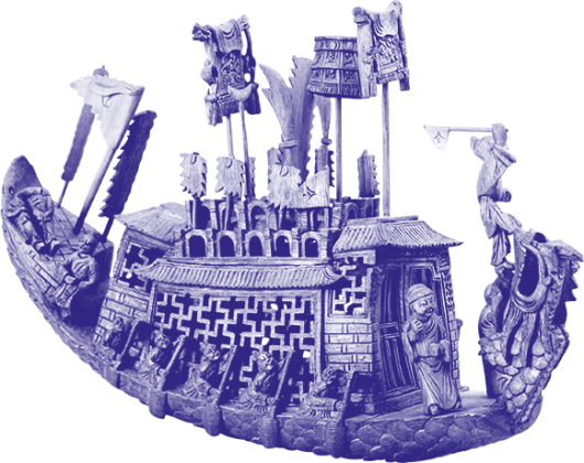 Model of a boat with honorary flags, object image, colored